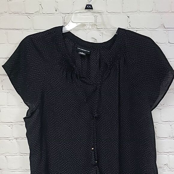 Liz Claiborne Career Black Polka Dot Tassel Tie Flutter Sleeve Chiffon Blouse - Picture 2 of 10